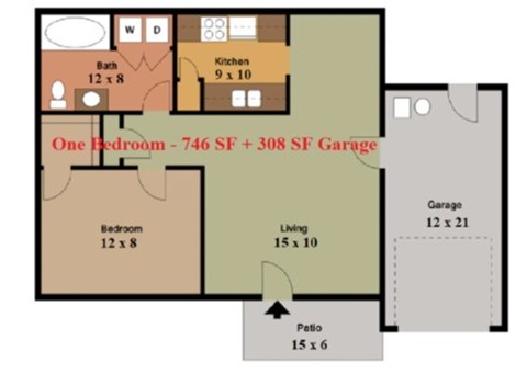 A floor plan of a house with a total of 746 square feet of living space and 308 square feet of garage space.